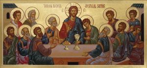 Apostles receiving Holy Communion at the Last Supper.